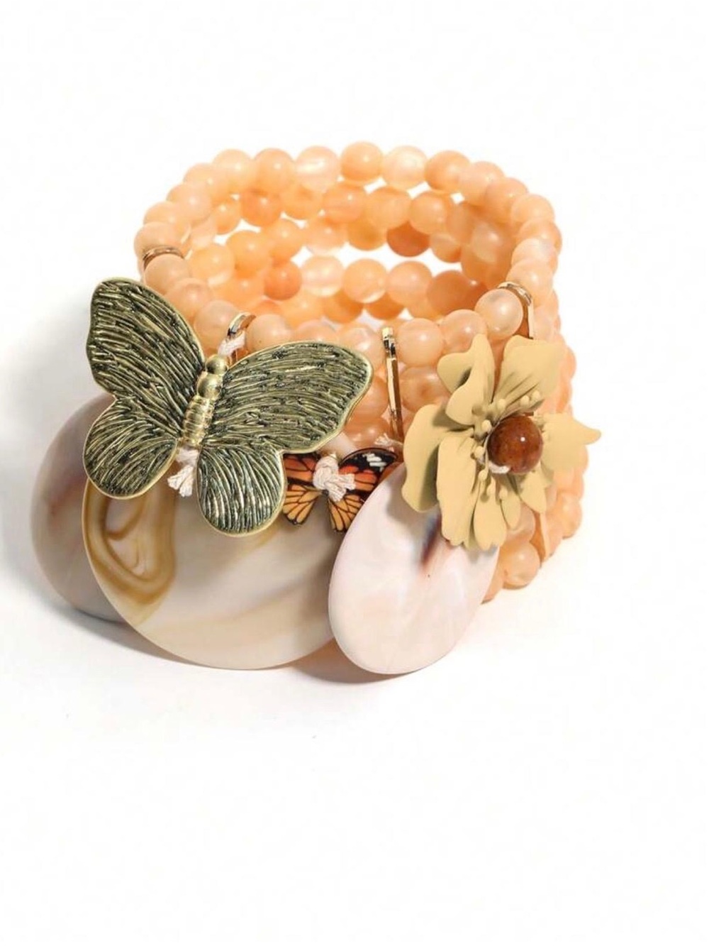 Beige Mother-of-Pearl Disc & Butterfly Charm Stretch Bracelet